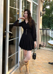 Elegant Casual Vintage Print V-Neck Slim Mini Short Pleated Dress
