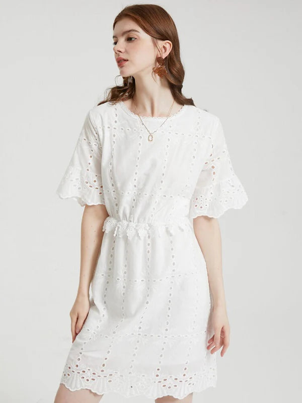 Floral Lace Embroidery Hollow Crew Neck Casual Dress