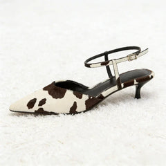Novelty Cow Pattern Design Pumps Pointed Toe Ankle Strap Med High Heel