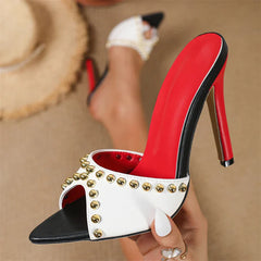 Metal Decoration Pointed Peep Toe Slippers Thin High Heel