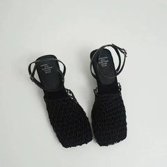 Luxury Designer Sandals Lace Mesh Square Toe Shallow Narrow Strap Braided Slip-on High Heel