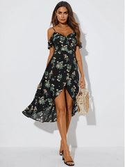 Floral Print Ruffle Slit Cold Shoulder Short Sleeves Dress