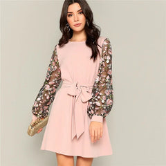 Casual A-Line Flower Embroidered Mesh Sleeve Belted Mini Dress
