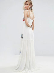 Sleeveless Straps Embroidered Backless Maxi Long Dress