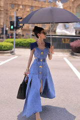 Trendy Metal Buckle Waist Hollow Out Sleeveless Split Denim Dresses
