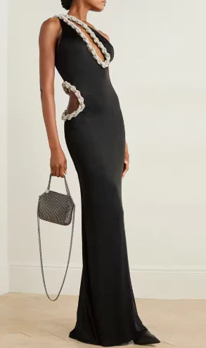 Elegant Sleeveless One Shoulder Hollow Twisted Diamond Design Tight Maxi Dress