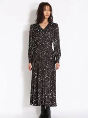 Maxi Dress V-Neck Retro Floral Print Pleated Long Dress