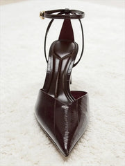 Designer Burgundy Red Ankle Strap Pumps Pointed-Toe Patent Leather High Heel