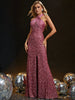 Casual V-Neck Off The Shoulder Chiffon Cross Strap Sequined Fishtail High Slit Maxi Dresses