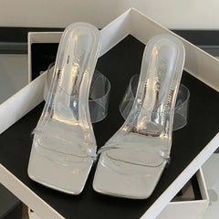 PVC Transparent Square Toe Slippers Designer Fretwork Heel