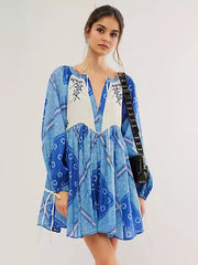 Casual V-neck Printed Over Sized Long Sleeve Lace up Mini Shift Dress