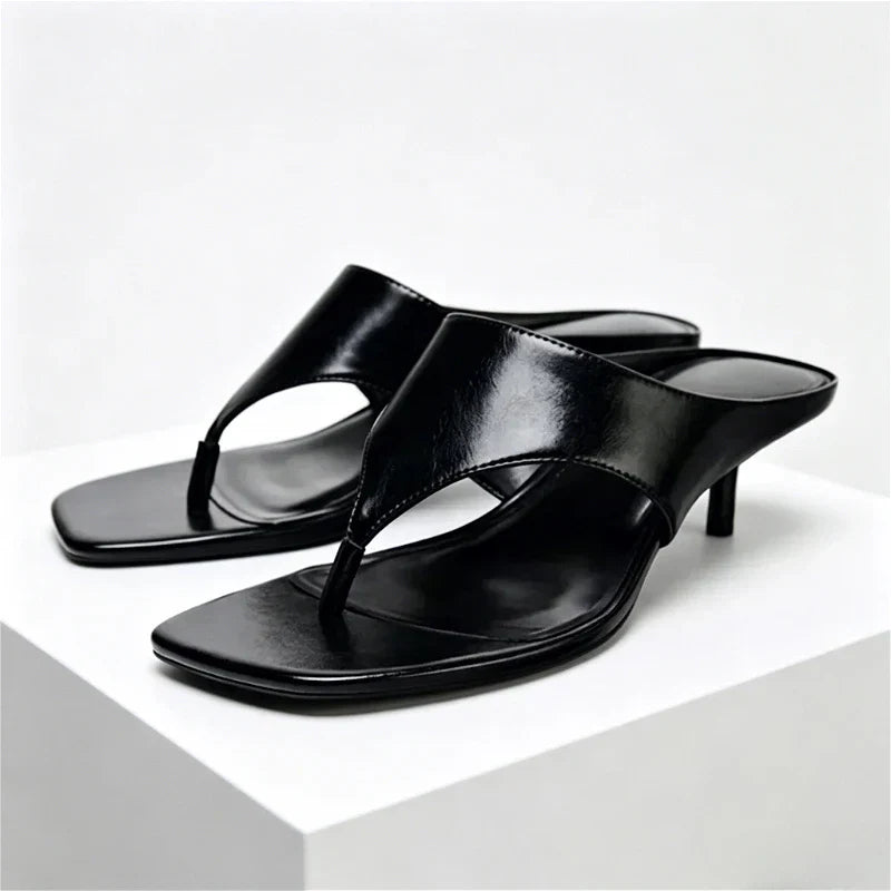 Black Soft Leather Flip-flops Square Toe Thin High Heel