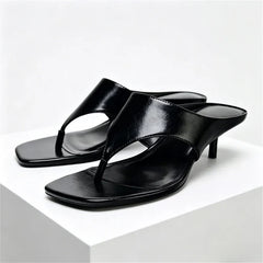 Black Soft Leather Flip-flops Square Toe Thin High Heel