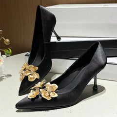 Luxury Satin Designer Pumps Pointed Toe Gold Flower Decoration Thin High Heel