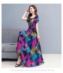 Round Collar Short Sleeve Color Block Chiffon Dress