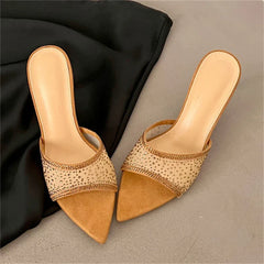 Crystal Diamond Mesh Slippers Elegant Pointed Toe Thin High Heel