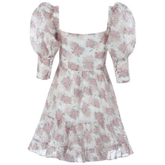 Floral V Neck Button Lantern Sleeve Party Mini Dress
