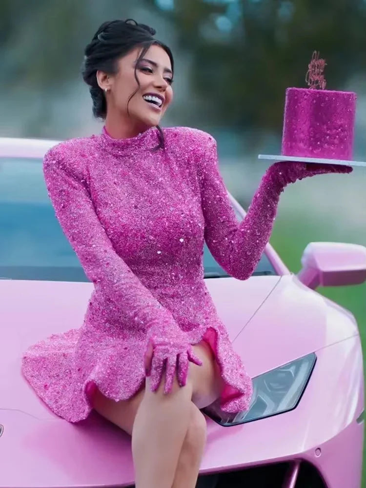 Luxury Sequins Backless Long Sleeves Gloves A-Line Mini Dress