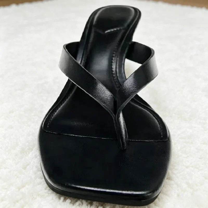 Square-toe Wedge Sandals Black Soft Leather PU Clip Toe Flip-flops Holiday Beach Slide Sandal Zapatos Mujer