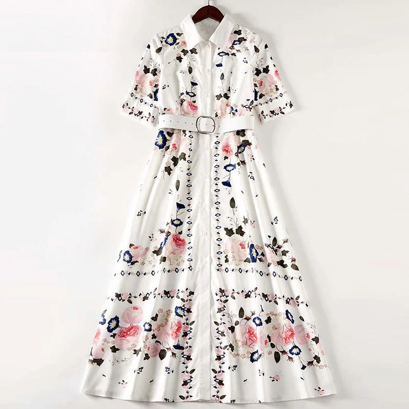 Elegant Flower Print Single-Breasted Maxi Dress