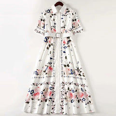 Elegant Flower Print Single-Breasted Maxi Dress