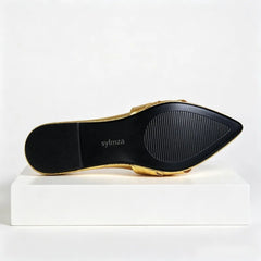 Pointed Toe Gold Silver Flat Sandals Faux Metal Embossed Design Slippers Light Non-Slip Slide Sandals Beach Shoes