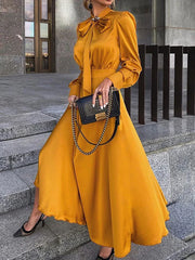 Long Dress Turndown Collar Long Sleeves Polyester Maxi Dress