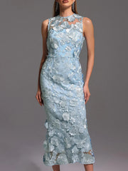 Solid Spliced Appliques O Neck Sleeveless High Waist Temperament Dress
