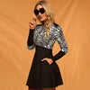 Elegant Print Zebra Striped Zipper Long Sleeve Round Neck Mini Dress