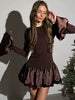 Elegant Patchwork Ruffle O Neck Long Flare Sleeve Slim Mini Dress