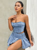 Casual Sleeveless Off Shoulder Zipper Bandeau Pleated Denim Skirt 2 Pieces Set
