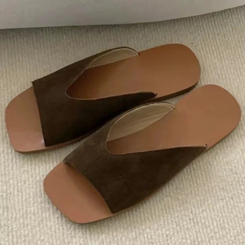 High Quality Faux Suede Square Toe Designer Brand Sandals Open Toe Flat Sandal Comfortable Vacation Beach Shoe