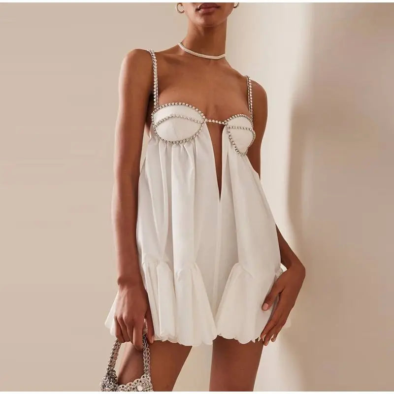 Backless Diamond Drawstring Square Collar Solid Color Mini Party Dress