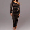Elegant Long Sleeved Mesh Spliced Diagonal Shoulder Mid Length Skirt Pleated Midi Dress