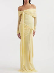 Elegant Designer Dress Slash Neck Asymmetric Long Sleeve Ribbon Shimming Dresses