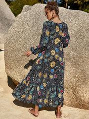 Long Sleeves Floral Print Jewel Neck Cotton Floor Length Dresses