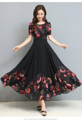 Bohemian Style Round Collar Flower Printed Chiffon Long Dress
