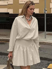 Elegant Long Sleeve Button Shirts High Waist Pleated Mini Skirts Sets
