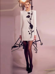 Elegant Flowers Beaded Pullover Long Sleeve Non Stretch Mini Dress