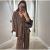 Casual One Button Shirts Solid Pants Full Sleeve V-neck Shirt High Waist Two Piece Set