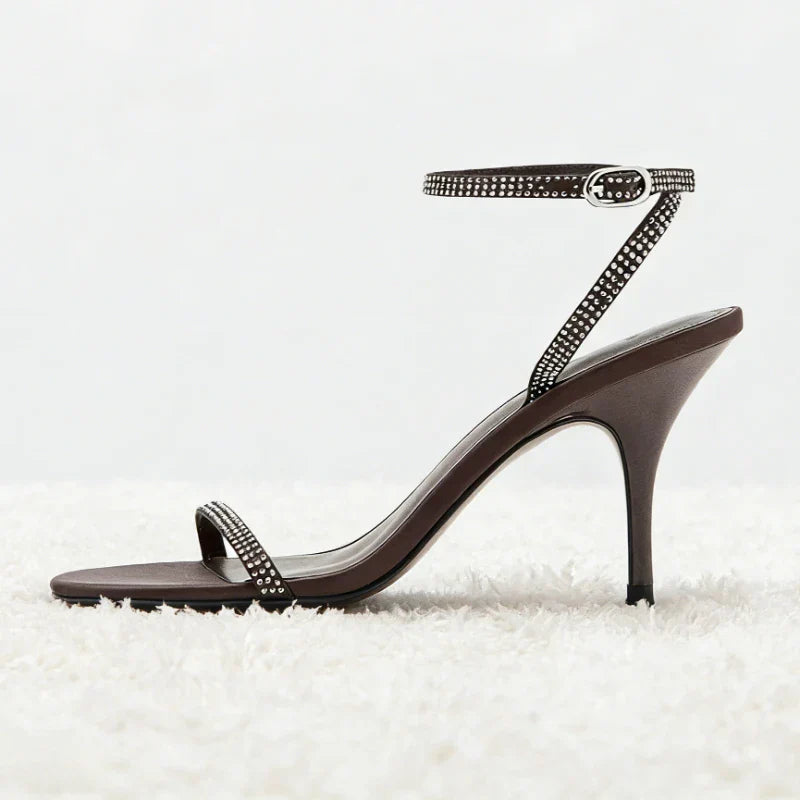Luxury Rhinestone Detail Ankle-Strap High-Heel Sandals Open-Toe Stilettos Heel