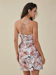 Flower Print Knotted Open Back Criss-cross Tulip Hem Dress