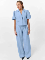 Casual Lapel Short Sleeve Single Button Shirts High Waist Straight Pants Sets