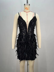Pearl Beading Feathers Sleeveless V-Neck Nightclub Party Bodycon Mini Dress