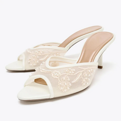 Mesh Embroidery Brown Slippers Peep Toe Heel