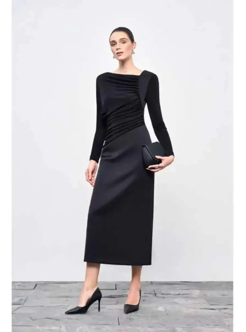Elegant Diagonal Collar Long Sleeve Spliced High Waist Slimming Dresses