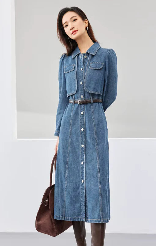 Elegant Leather Belt Single Breasted Long Sleeve Straight Midi Denim Dress