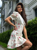 Elegant V-Neck High Waist Pearl Buttons Print Puff Sleeves Ruffled Mini Dress