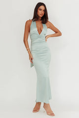 Italia Azure Pleat Bodice Halterneck Maxi Dress Sage