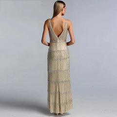 Deep-V Sequined Beading Tassel Luxury Formal Dress